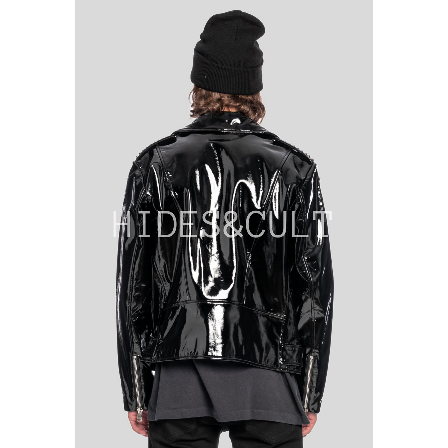 Mens Black Patent Motorcycle Biker Belted Leather Jacket