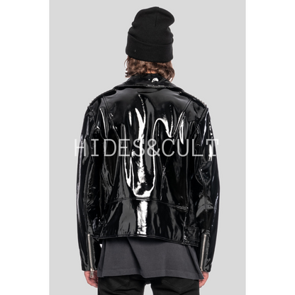 Mens Black Patent Motorcycle Biker Belted Leather Jacket