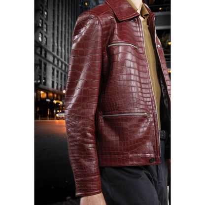 Mens Maroon Red Croc Embossed Effect Leather Jacket