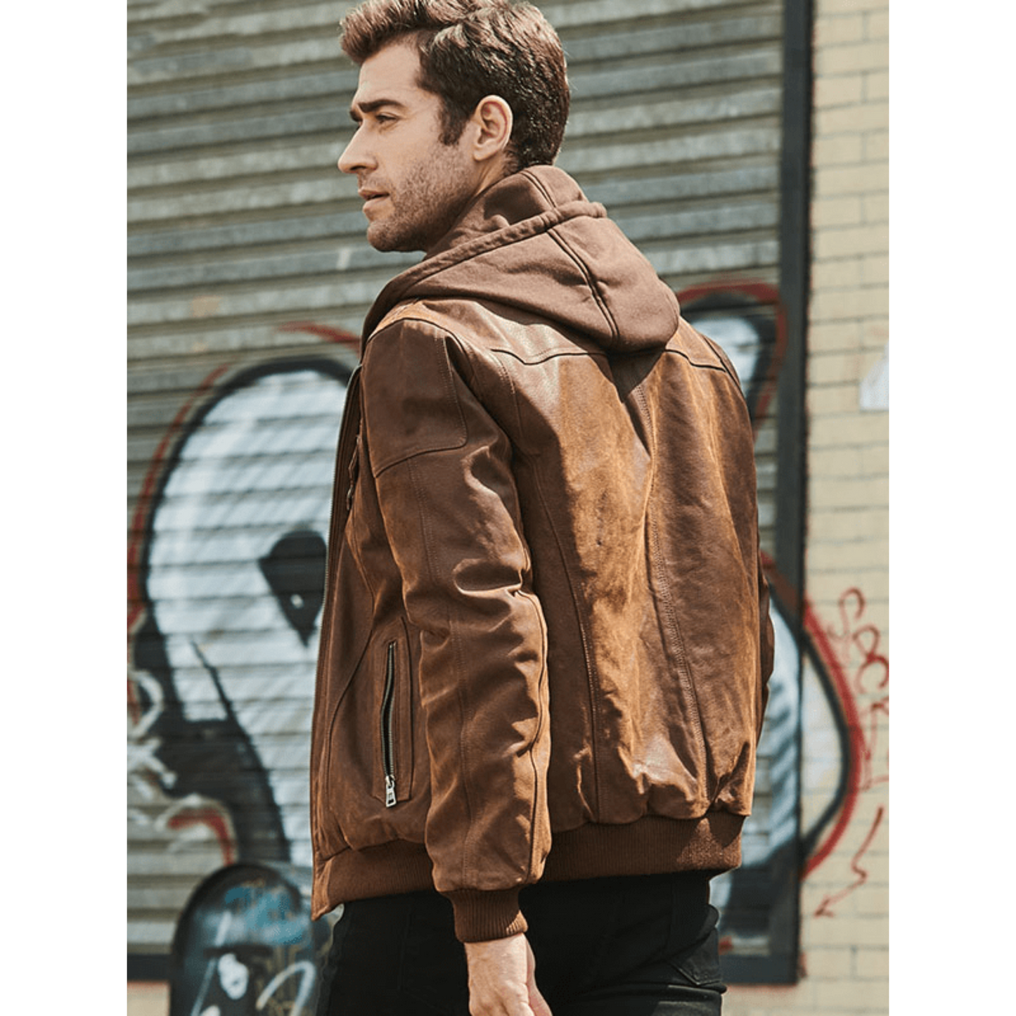 Mens Brown Suede Nubuck Bomber Style Motorcycle Leather Jacket with detachable Brown Fleece Hood