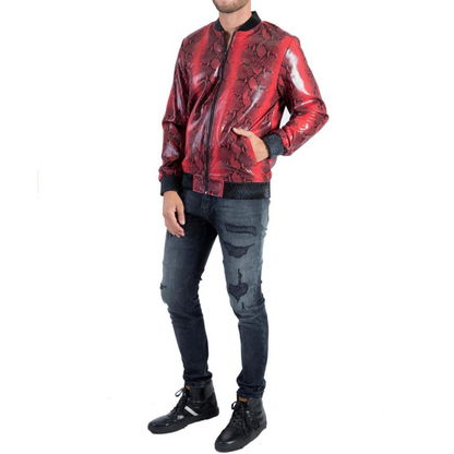 Men's Red Snake Print Foil Genuine Lambskin Leather Bomber Jacket