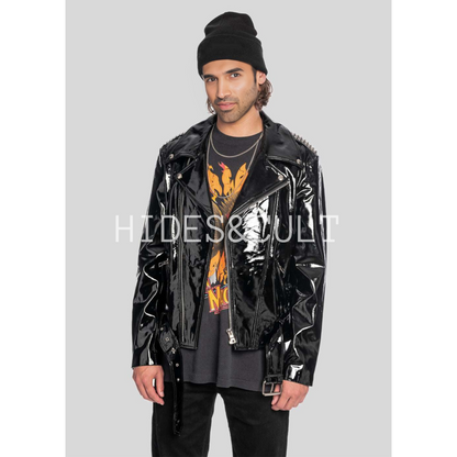 Mens Black Patent Motorcycle Biker Belted Leather Jacket