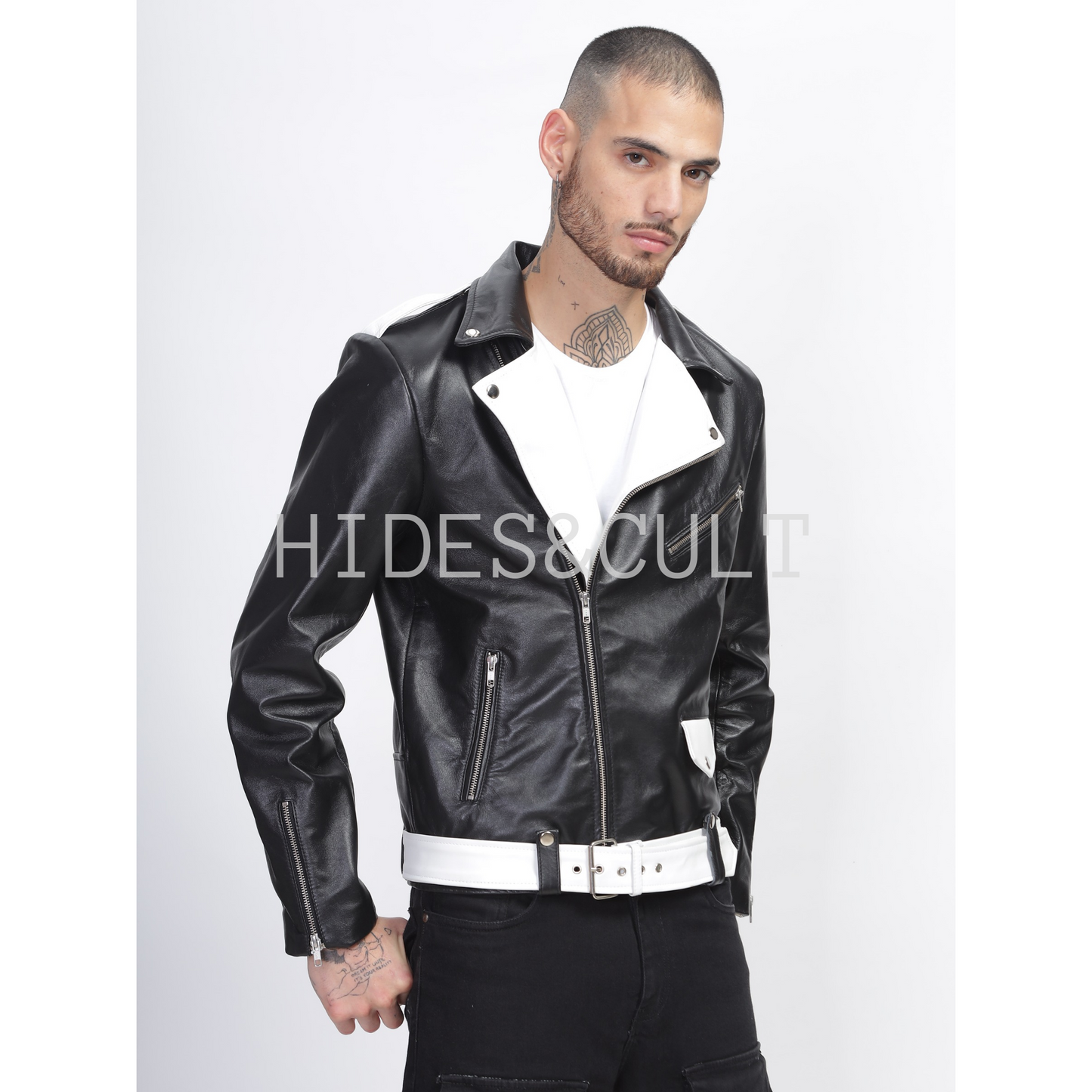 Men's Black - White Two Tone Slim Fit Motorcycle Biker Belted Leather Jacket