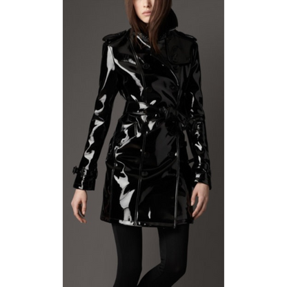 Women's Black Patent Vinyl Effect Double Breasted Real Leather Trench Coat