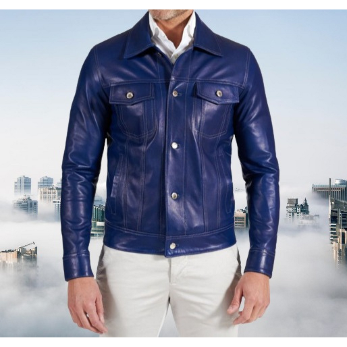 Men's Royal Blue Slim Fit Denim Trucker Leather Jacket
