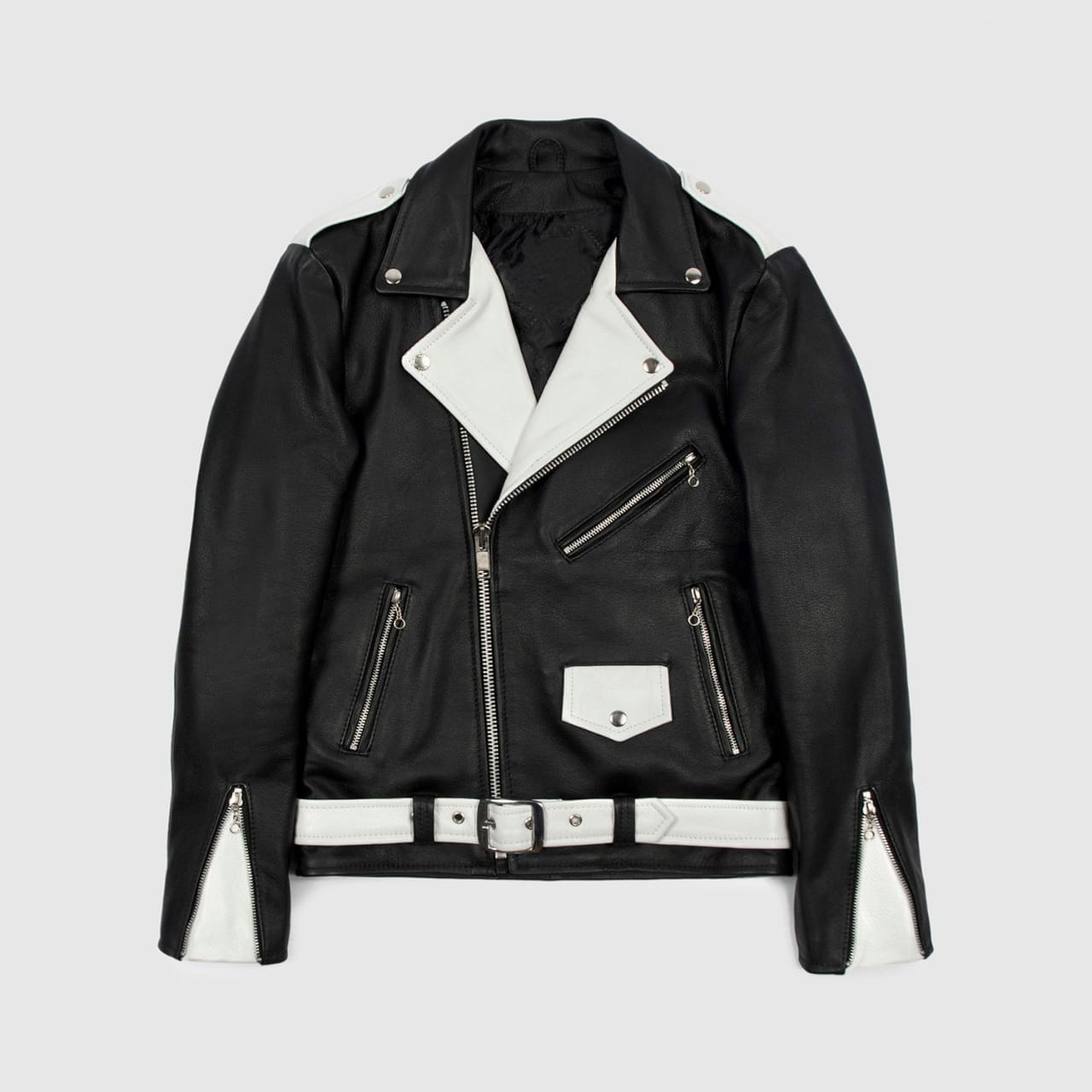 Men's Black - White Two Tone Slim Fit Motorcycle Biker Belted Leather Jacket