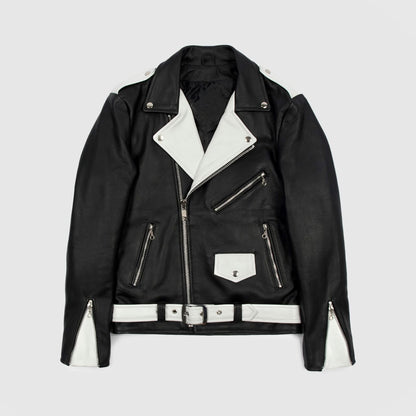 Men's Black - White Two Tone Slim Fit Motorcycle Biker Belted Leather Jacket