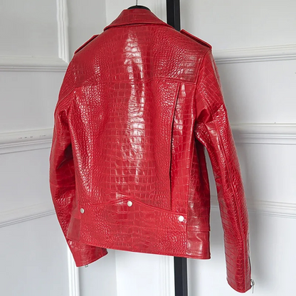 Mens Red Croc Embossed Effect Motorcycle Biker Leather Jacket