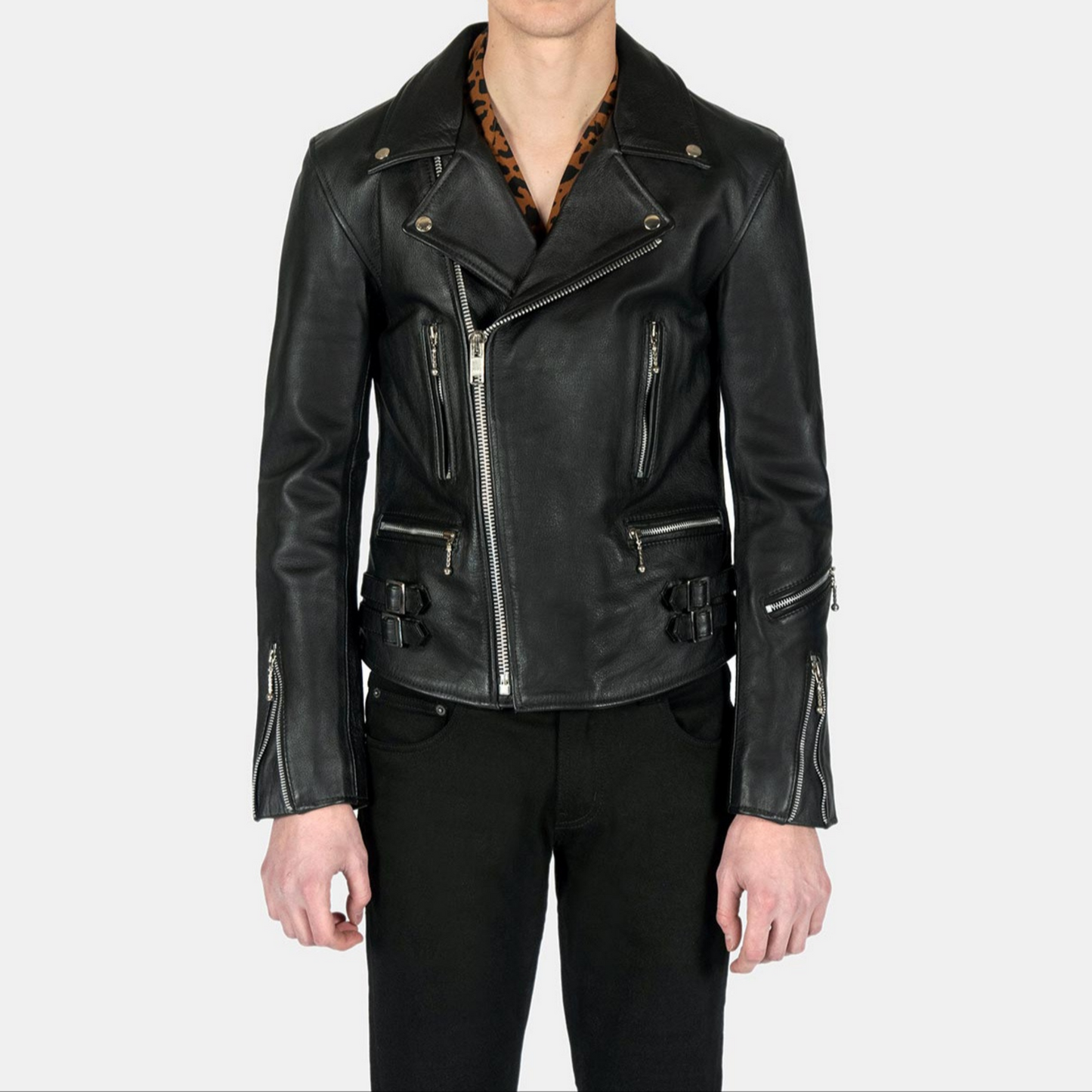 Mens Black Slim Fit Motorcycle Biker Leather Jacket