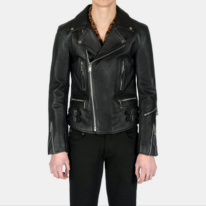 Mens Black Slim Fit Motorcycle Biker Leather Jacket