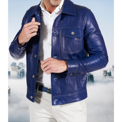 Men's Royal Blue Slim Fit Denim Trucker Leather Jacket