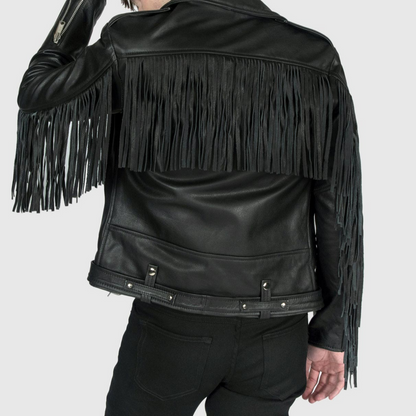 Mens Black Fringed Slim Fit Motorcycle Biker Belted Leather Jacket