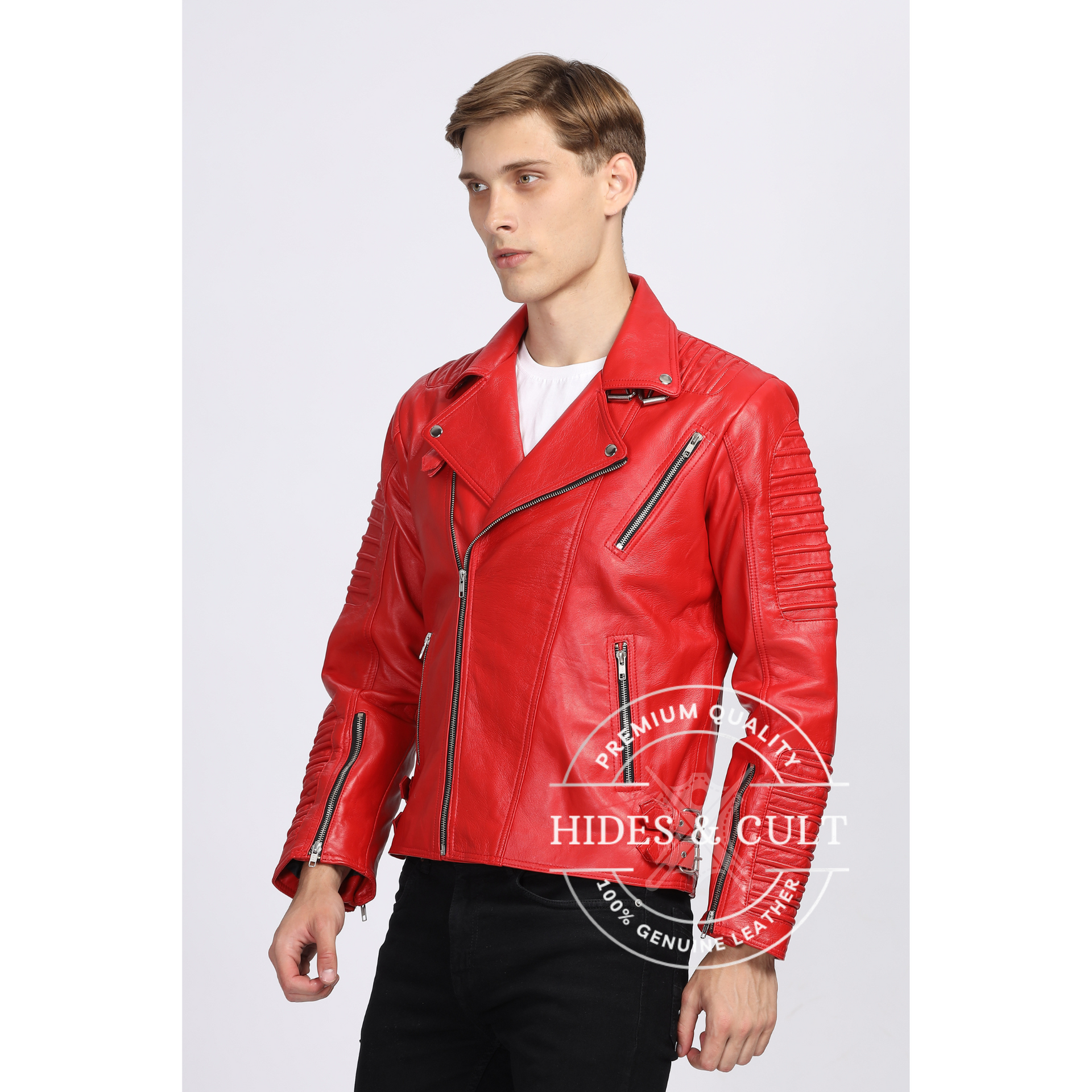 Mens Rich Red Slim Fit Motorcycle Biker Leather Jacket – HIDES AND