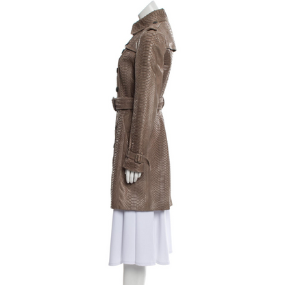 Women's Taupe Python Embossed Effect Double Breasted Real Leather Trench Coat