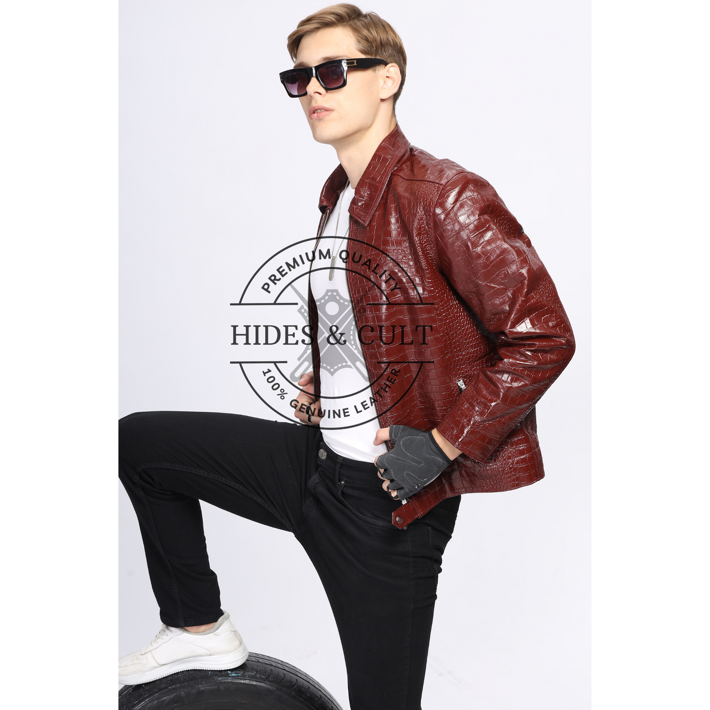 Mens Maroon Croc Detail Leather Jacket
