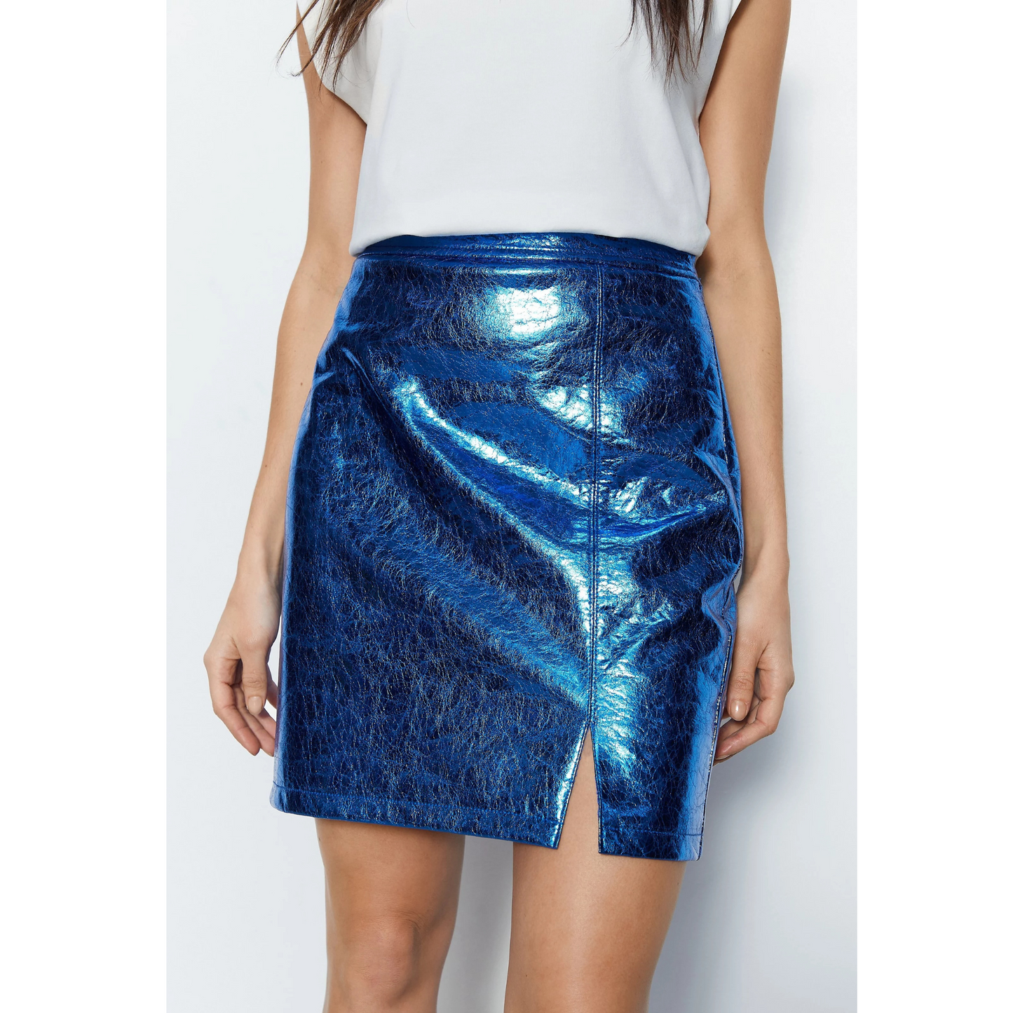 Womens Electric Blue Crush Metallic Foil EffectGenuine Leather Mini Skirt