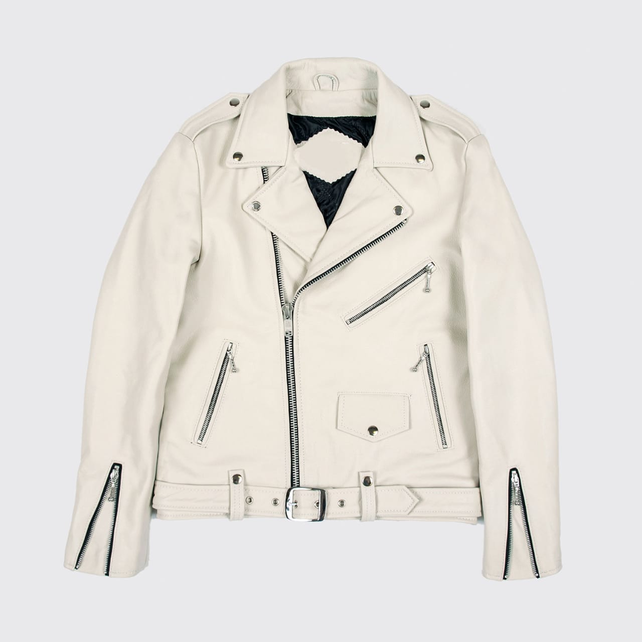Mens Off-White Slim Fit Motorcycle Biker Belted Leather Jacket