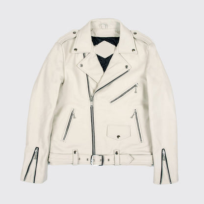 Mens Off-White Slim Fit Motorcycle Biker Belted Leather Jacket