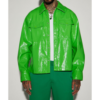 Men's Red Vinyl Effect Patent Genuine Leather Shirt - also available in Green