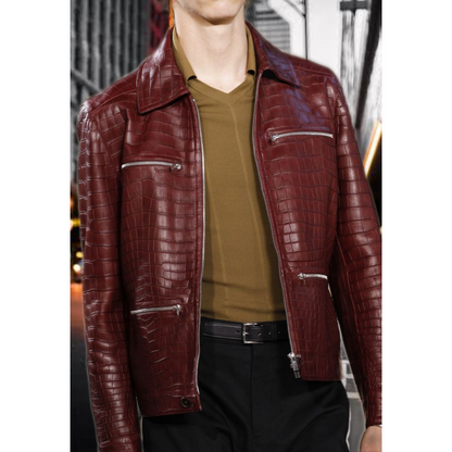 Mens Maroon Red Croc Embossed Effect Leather Jacket