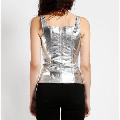 Women's Silver Metallic Foil Leather Zip Corset Top