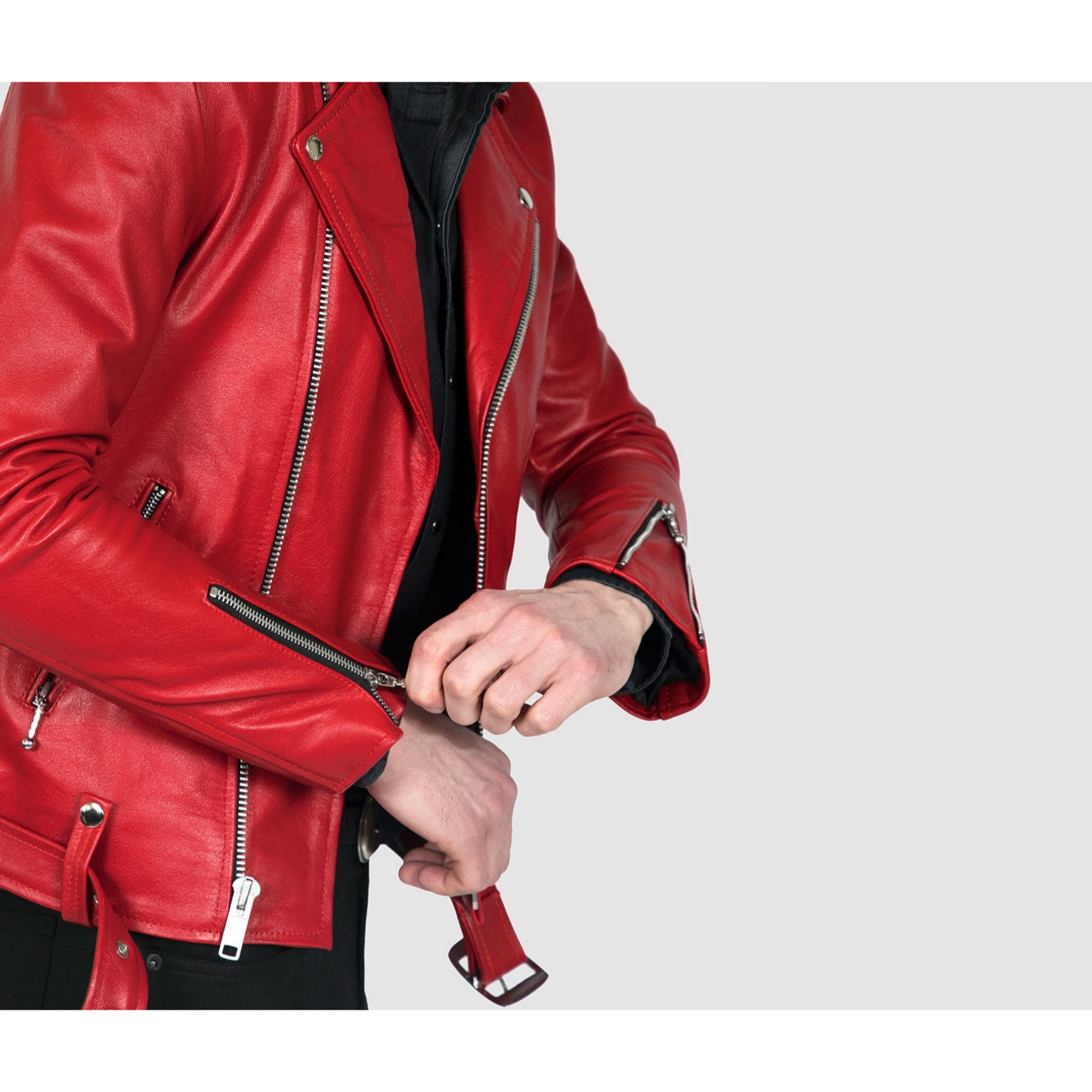 Men's Red Slim Fit Motorcycle Biker Belted Leather Jacket
