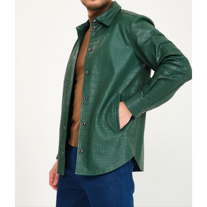 Mens Green Croc Embossed Effect Genuine Lambskin Leather Shirt