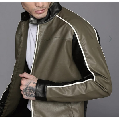 Mens Olive Green Color Blocked Leather Jacket
