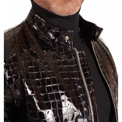 Mens Black Patent Croc Embossed Effect Motorcycle Biker Leather Jacket