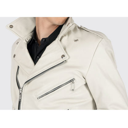 Mens Off-White Slim Fit Motorcycle Biker Belted Leather Jacket