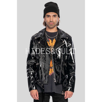 Mens Black Patent Motorcycle Biker Belted Leather Jacket