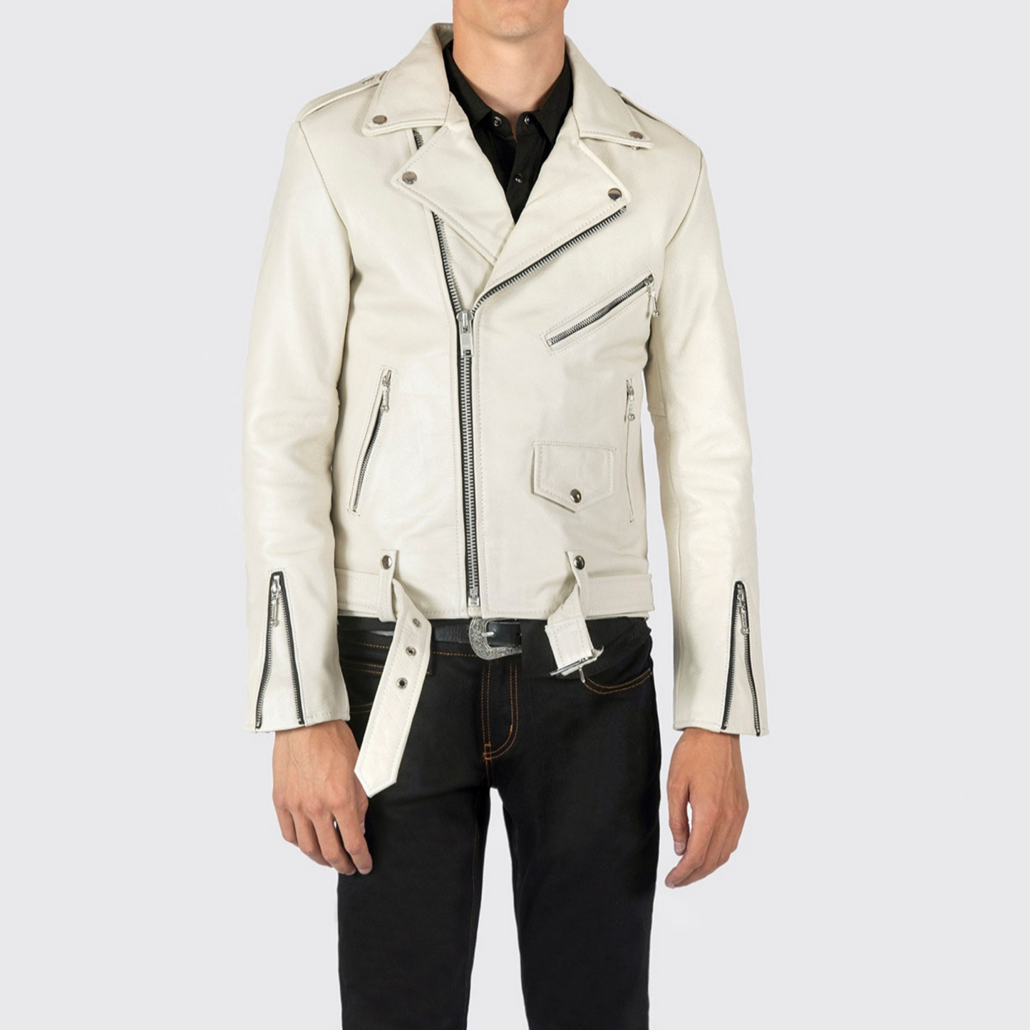 Mens Off-White Slim Fit Motorcycle Biker Belted Leather Jacket