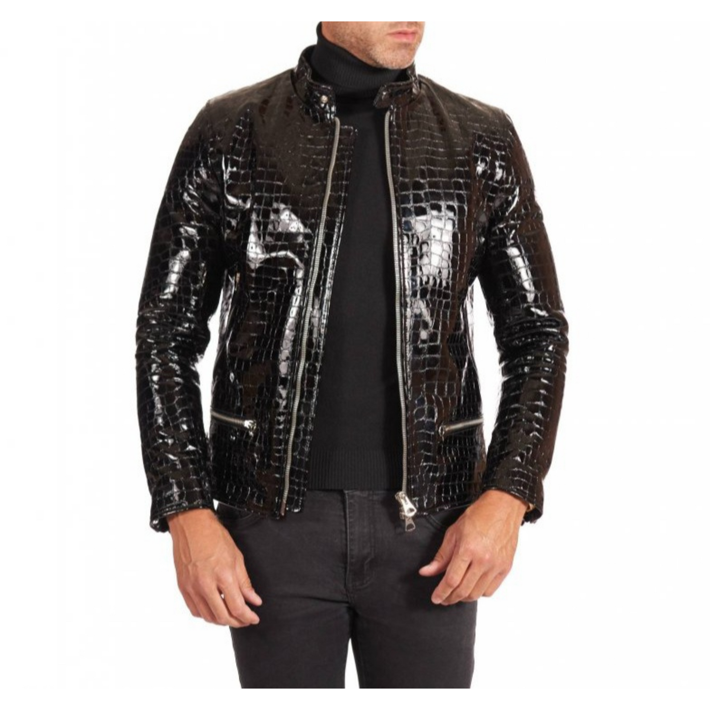 Mens Black Patent Croc Embossed Effect Motorcycle Biker Leather Jacket