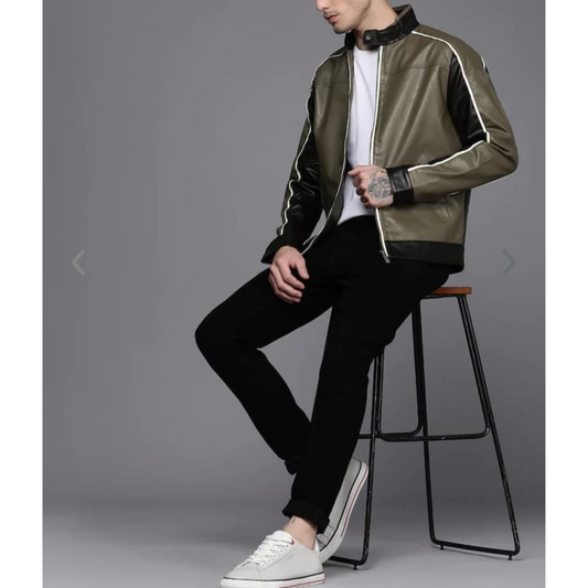 Mens Olive Green Color Blocked Leather Jacket