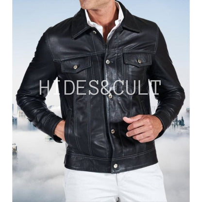 Men's Royal Blue Slim Fit Denim Trucker Leather Jacket