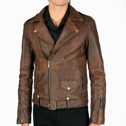 Mens Vintage Brown Slim Fit Motorcycle Cycle Belted Leather Jacket