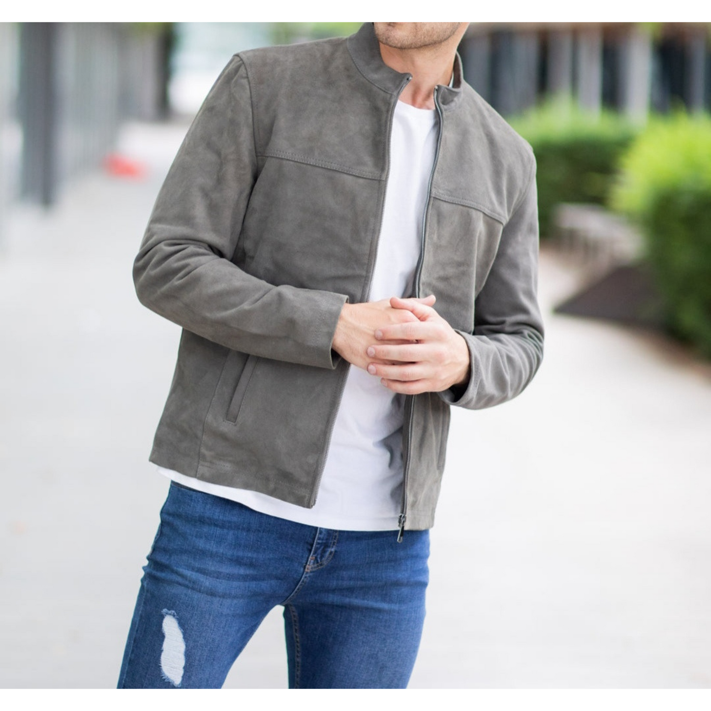 Men's Grey Suede Tailored Genuine Leather Jacket