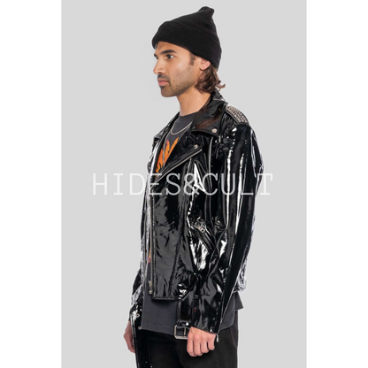 Mens Black Patent Motorcycle Biker Belted Leather Jacket