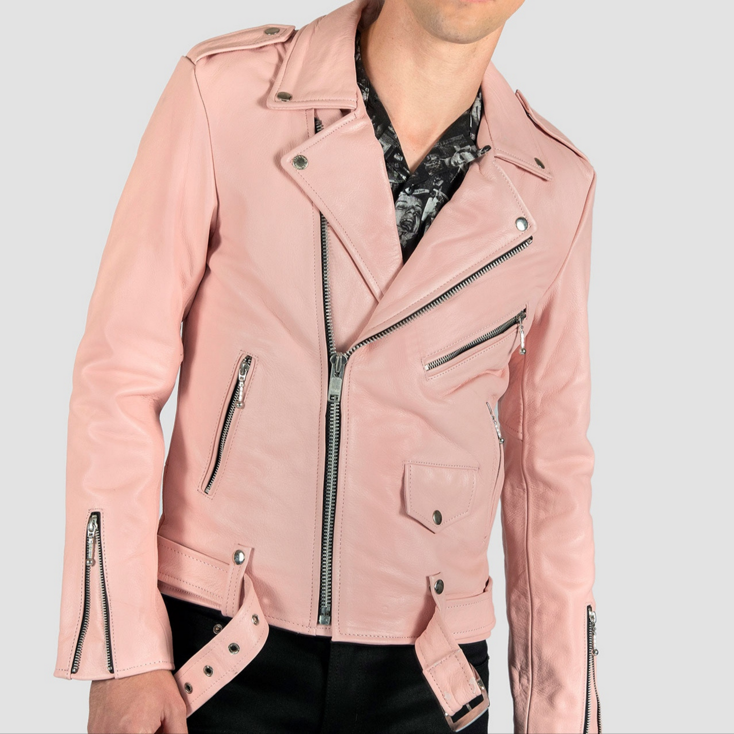 Mens Pink Slim Fit Motorcycle Biker Belted Leather Jacket