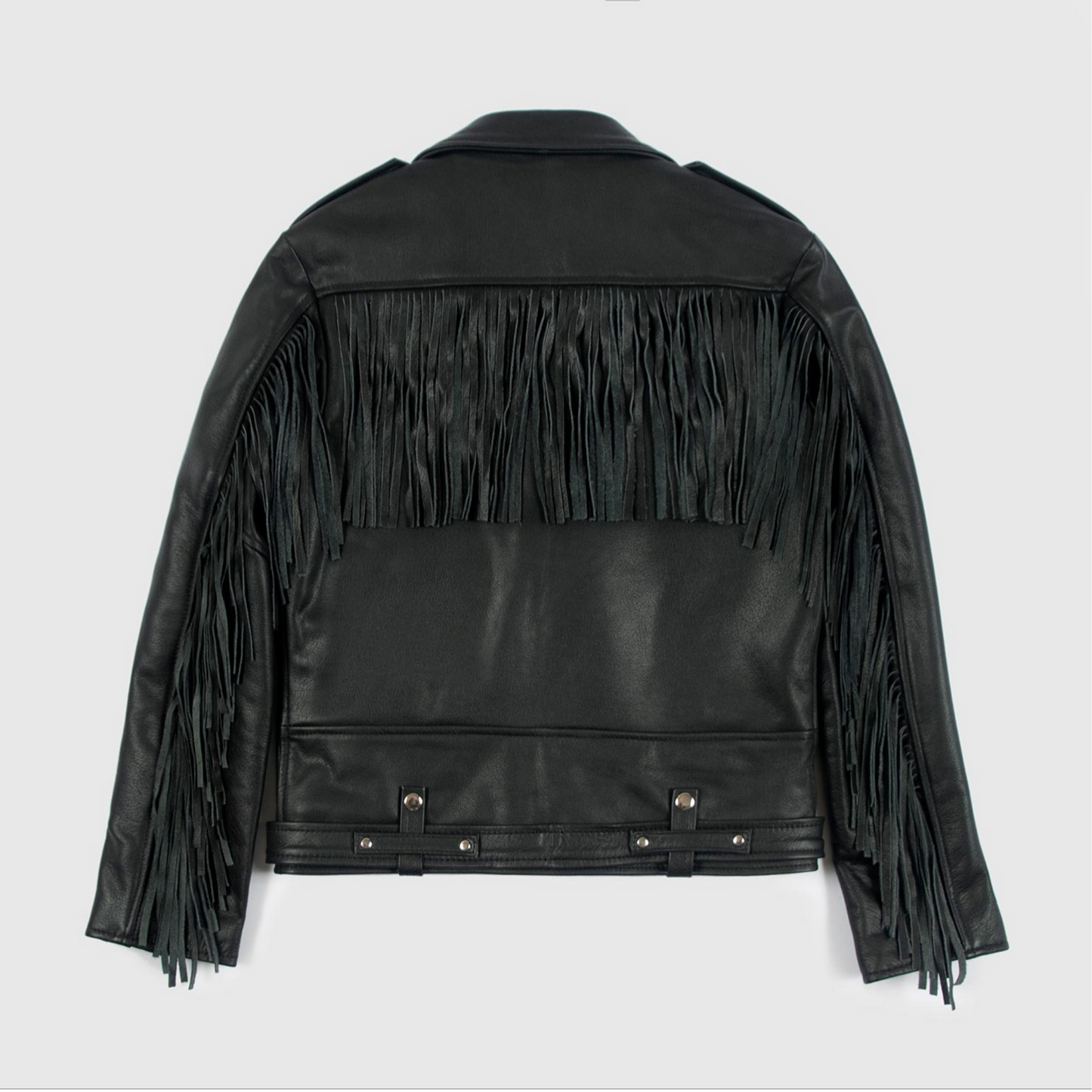 Mens Black Fringed Slim Fit Motorcycle Biker Belted Leather Jacket