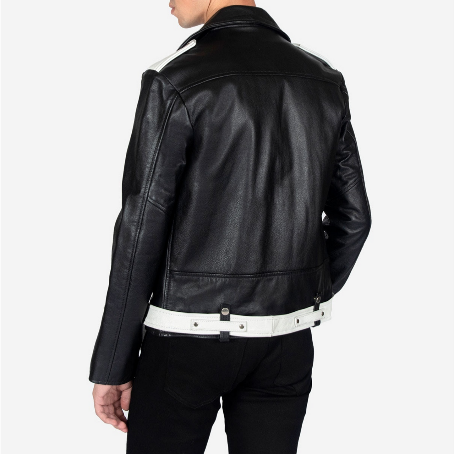 Men's Black - White Two Tone Slim Fit Motorcycle Biker Belted Leather Jacket