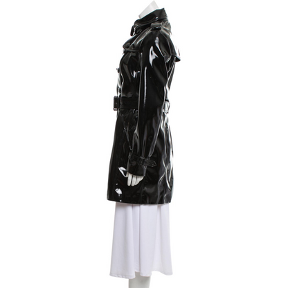 Women's Black Patent Vinyl Effect Double Breasted Real Leather Trench Coat