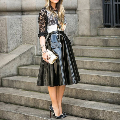 Women's Black Patent Vinyl Effect Pleated Genuine Leather Skirt