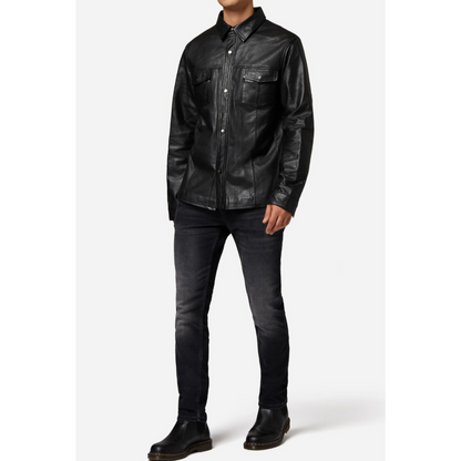 Mens Black Nappa Leather Denim Shirt