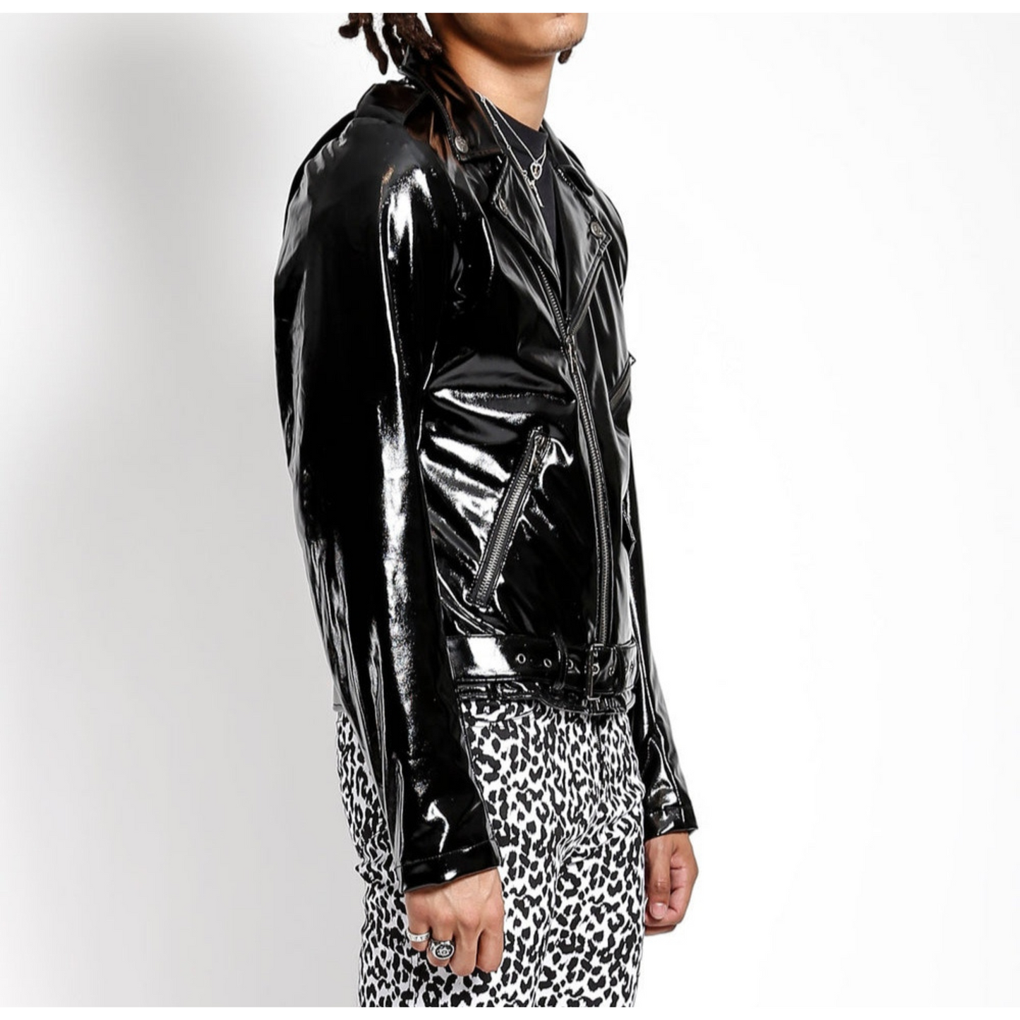 Mens Black Patent Effect Motorcycle Biker Leather Jacket