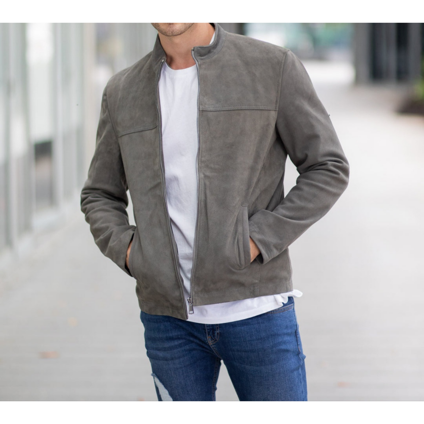 Men's Grey Suede Tailored Genuine Leather Jacket