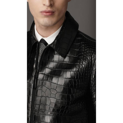 Mens Black Croc Embossed Effect Leather Jacket