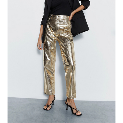 Women's Pink Crackle Metallic Foil Straight Leg Western Leather Pants