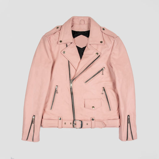 Mens Pink Slim Fit Motorcycle Biker Belted Leather Jacket