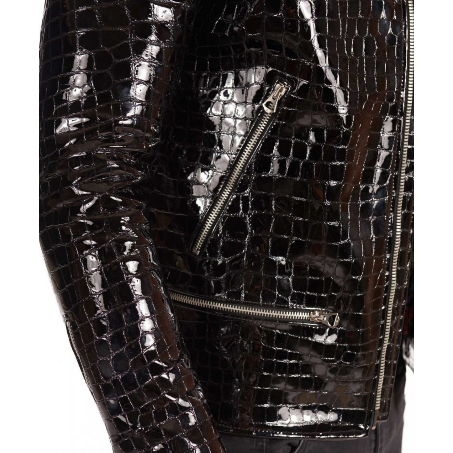 Mens Black Patent Croc Embossed Effect Motorcycle Biker Leather Jacket